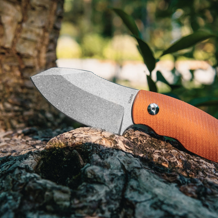 Preorder - Vixino x Aries EDC x Tim Bourcier - Fixed Blade - 14C28N - Orange Micarta - V601-M3