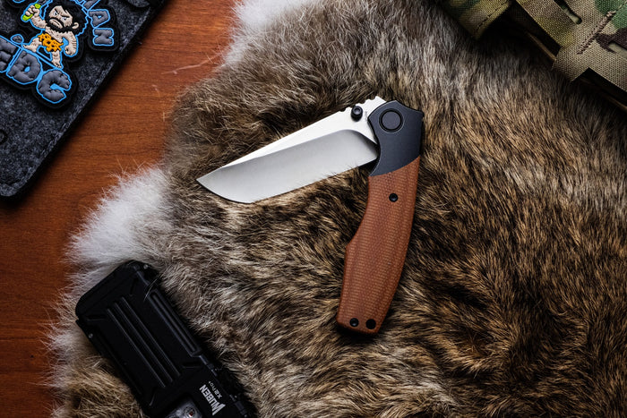 Ships Sept 30 from Ohio Vixino x Caveman Baby Bronto - Pocket Knife - S35VN -Titanium Bolsters with Micarta - X902-M3